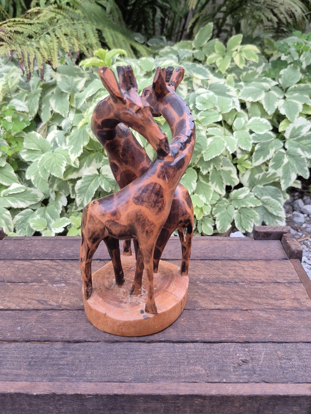 Vintage Hand Carved African Wooden Giraffe Sculpture 8" - Entwined Interlocking
